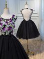 Delicate Black A-line Tulle Scoop Sleeveless Hand Made Flower Mini Length Backless Evening Dress