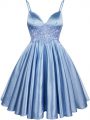 Pretty Light Blue Lace Up Spaghetti Straps Lace Bridesmaid Dress Elastic Woven Satin Sleeveless