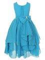 Aqua Blue Chiffon Zipper Scoop Sleeveless Asymmetrical Kids Pageant Dress Ruffles and Bowknot