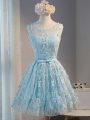 Mini Length Light Blue Party Dresses Tulle Sleeveless Lace and Appliques