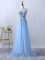 Sleeveless Tulle Floor Length Side Zipper Vestidos de Damas in Light Blue with Appliques