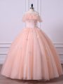Unique Peach Short Sleeves Lace and Appliques Floor Length Sweet 16 Quinceanera Dress