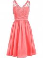 Watermelon Red Empire V-neck Sleeveless Chiffon Knee Length Side Zipper Lace and Ruching Vestidos de Damas