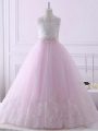 Simple Baby Pink Lace Up Scalloped Lace Girls Pageant Dresses Tulle Sleeveless Brush Train