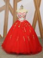 Red Vestidos de Quinceanera Military Ball and Sweet 16 and Quinceanera with Embroidery and Ruffled Layers Sweetheart Sleeveless Sweep Train Lace Up