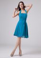 Teal Empire Chiffon Halter Top Sleeveless Belt Knee Length Zipper Mother Of The Bride Dress