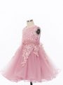 Popular Tulle Sleeveless Knee Length Child Pageant Dress and Appliques and Hand Made Flower