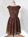 Extravagant Lace Court Dresses for Sweet 16 Brown Lace Up Cap Sleeves Knee Length