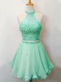 Knee Length Apple Green Vestidos de Damas Organza Sleeveless Beading