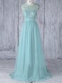 Delicate Aqua Blue Cap Sleeves Lace Backless Bridesmaid Dress