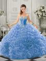 Sleeveless Beading and Ruffles Lace Up Sweet 16 Quinceanera Dress with Light Blue Court Train