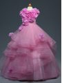 Lilac Lace Up High-neck Ruffles and Hand Made Flower Little Girl Pageant Gowns Tulle Sleeveless