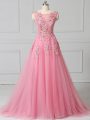 Pink Tulle Lace Up Scoop Sleeveless Prom Gown Brush Train Appliques