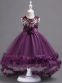 Beautiful Appliques and Hand Made Flower Little Girls Pageant Gowns Dark Purple Zipper Sleeveless High Low