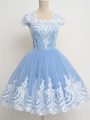 Lace Damas Dress Light Blue Zipper Cap Sleeves Knee Length