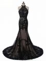 Low Price Sleeveless Tulle and Lace Brush Train Backless Mother Of The Bride Dress in Black with Lace and Appliques