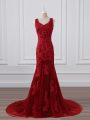 Affordable Red Mother Of The Bride Dress Lace Brush Train Sleeveless Lace and Appliques