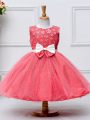 Pretty Coral Red Tulle Zipper Little Girls Pageant Dress Wholesale Sleeveless Knee Length Lace and Bowknot