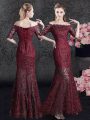 Colorful Mermaid Mother Of The Bride Dress Wine Red Off The Shoulder Lace Half Sleeves Floor Length Lace Up
