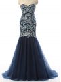Delicate Sweetheart Sleeveless Celebrity Inspired Dress With Train Beading and Embroidery Navy Blue Tulle