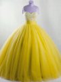 Custom Designed Yellow Ball Gowns Strapless Sleeveless Tulle Floor Length Lace Up Beading Quinceanera Dress