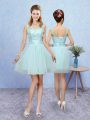 High End Aqua Blue A-line Appliques Bridesmaid Dress Lace Up Tulle Sleeveless Mini Length