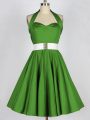 Exquisite Green A-line Taffeta Halter Top Sleeveless Belt Knee Length Lace Up Bridesmaids Dress