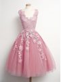 Fitting Sleeveless Tulle Knee Length Lace Up Court Dresses for Sweet 16 in Pink with Appliques
