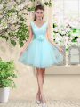 Aqua Blue Tulle Lace Up V-neck Sleeveless Knee Length Bridesmaid Dresses Lace and Belt