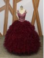 Top Selling Burgundy Ball Gowns Beading and Ruffles Quinceanera Gown Backless Organza Sleeveless Floor Length