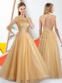Clearance Bateau Sleeveless Bridesmaid Dress Floor Length Beading and Lace Champagne Tulle