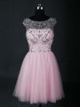 Pretty Baby Pink Short Sleeves Mini Length Beading Lace Up Prom Dress