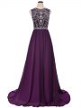 Fantastic Purple Short Sleeves Elastic Woven Satin Brush Train Side Zipper Oscars Dresses for Prom and Military Ball and Sweet 16 and Beach