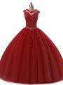 Simple Burgundy Sleeveless Tulle Lace Up Ball Gown Prom Dress for Military Ball and Sweet 16 and Quinceanera