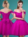 Knee Length Fuchsia Bridesmaid Dresses Off The Shoulder Cap Sleeves Lace Up