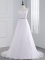 Popular Sleeveless Beading and Lace and Appliques Zipper Wedding Dresses with White Brush Train