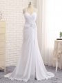 Chic Sleeveless Chiffon Brush Train Side Zipper Wedding Dresses in White with Beading and Ruching