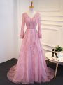 Admirable Pink Long Sleeves Tulle Brush Train Lace Up Mother Of The Bride Dress for Prom and Party and Military Ball and Sweet 16