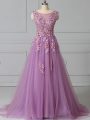 Trendy Lilac Tulle Lace Up Military Ball Gowns Sleeveless Brush Train Appliques and Pattern