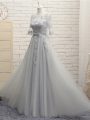 Grey Empire Appliques Court Dresses for Sweet 16 Lace Up Tulle Half Sleeves Floor Length