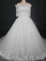 White Ball Gowns Off The Shoulder Half Sleeves Tulle Floor Length Lace Up Lace Wedding Gowns