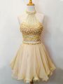 Ideal Two Pieces Bridesmaids Dress Champagne Halter Top Organza Sleeveless Knee Length Lace Up