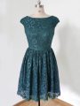 Teal Lace Lace Up Scoop Cap Sleeves Knee Length Damas Dress Lace