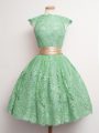 Green Ball Gowns High-neck Cap Sleeves Lace Knee Length Lace Up Belt Quinceanera Court Dresses