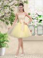 Most Popular Light Yellow A-line Organza Off The Shoulder Sleeveless Lace and Belt Knee Length Lace Up Quinceanera Dama Dress
