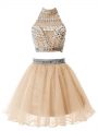 Knee Length Zipper Damas Dress Champagne for Party and Wedding Party with Beading