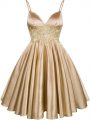 Exceptional Sleeveless Elastic Woven Satin Knee Length Lace Up Quinceanera Court of Honor Dress in Champagne with Lace