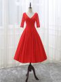 Fabulous Red A-line V-neck Half Sleeves Lace Tea Length Lace Up Lace and Appliques Evening Dress