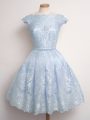 Light Blue Scalloped Neckline Lace Bridesmaid Dress Cap Sleeves Lace Up