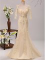 Nice 3 4 Length Sleeve Beading and Lace and Appliques Lace Up Mother Of The Bride Dress with Champagne Brush Train